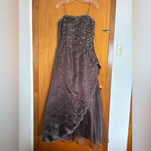 Elegant Brown Beaded Evening Gown with Accessories
